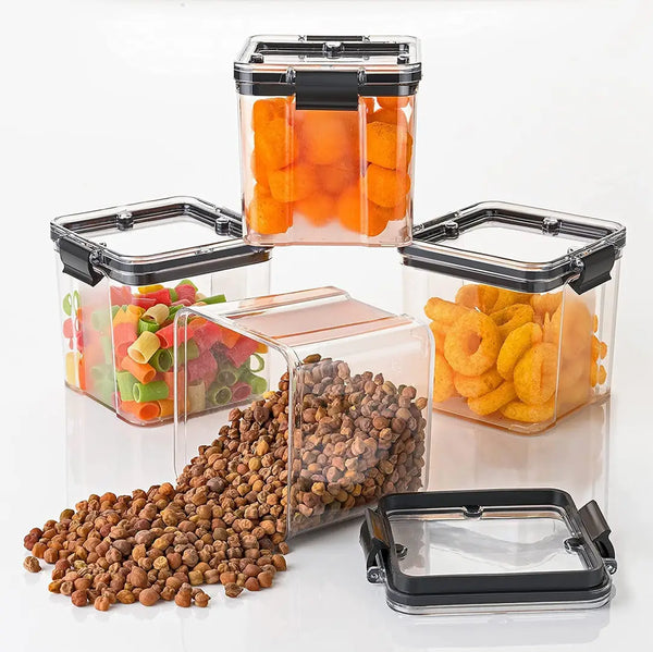 Useful Lock Air Tight Square Shape Kitchen Storage Container- 4 Pieces, Black Lid Container